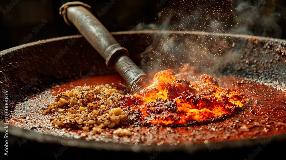 Poster photograph of molten steel in a ladle being transferred with a virtual twin tracking material temper