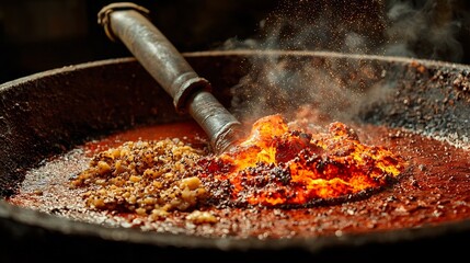 Photograph of molten steel in a ladle being transferred with a virtual twin tracking material temperature and chemical composition leaving copy space at the top right for additional text or graphics