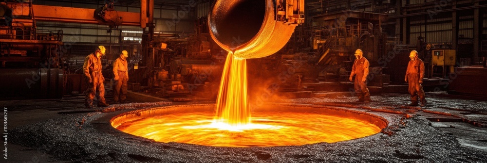 Poster workers pour molten metal into casting molds while flames and sparks fly in an industrial hall durin