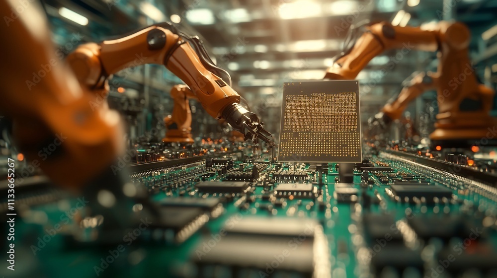 Poster robotic arms precisely assembling microchips on a high tech production line with a virtual twin syst