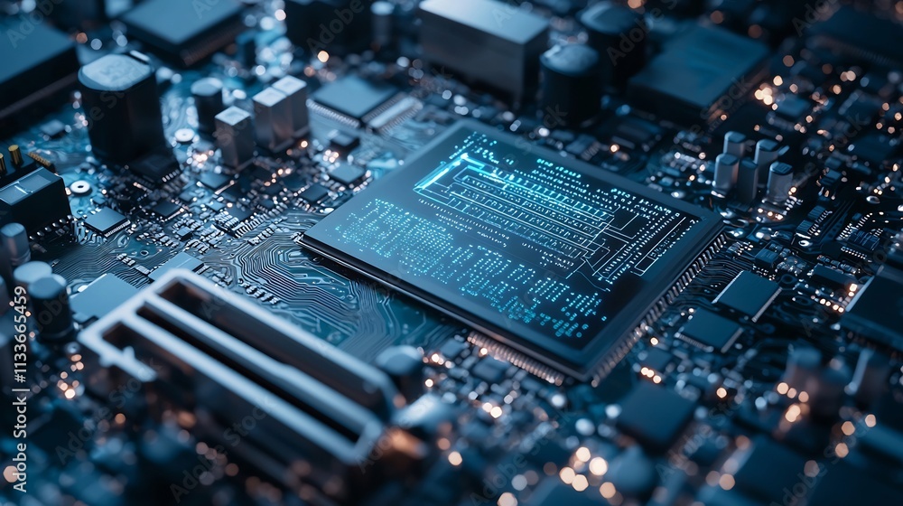 Poster chipset testing station with virtual twin interface analyzing performance data and highlighting defe