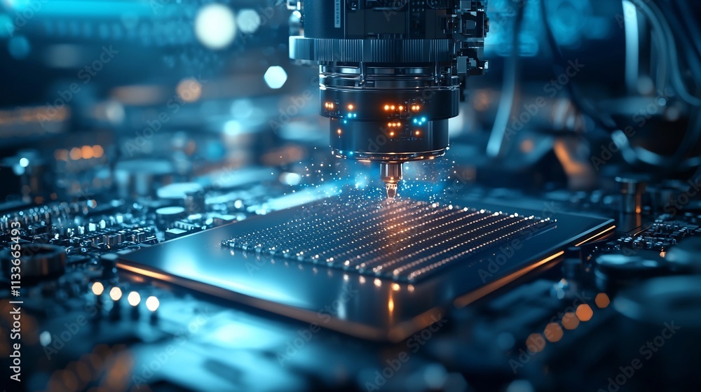 Poster a photograph of silicon wafers being processed in a manufacturing facility with a virtual twin monit