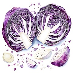 Fototapeta premium Watercolor Painting of a Halved Red Cabbage with Chopped Pieces and Onion.