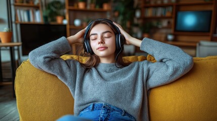Obraz premium Young woman relaxing on mustard sofa. Wears headphones, closes eyes enjoying music. Cozy home interior with TV visible behind. Relaxation, music theme. Relaxed lifestyle. Music lover. Comfort.