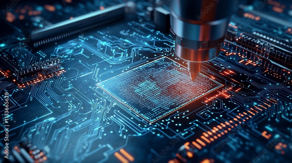 Poster cutting edge lithography machine precisely etching intricate microchip patterns with the help of a v