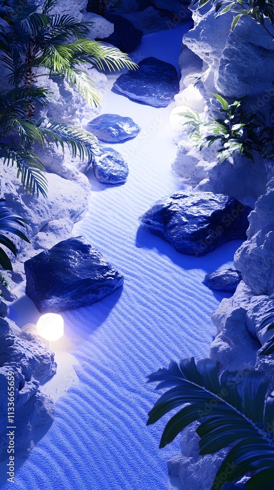 Aufkleber a serene pathway through rocks and foliage illuminated by soft lights in a tranquil setting.