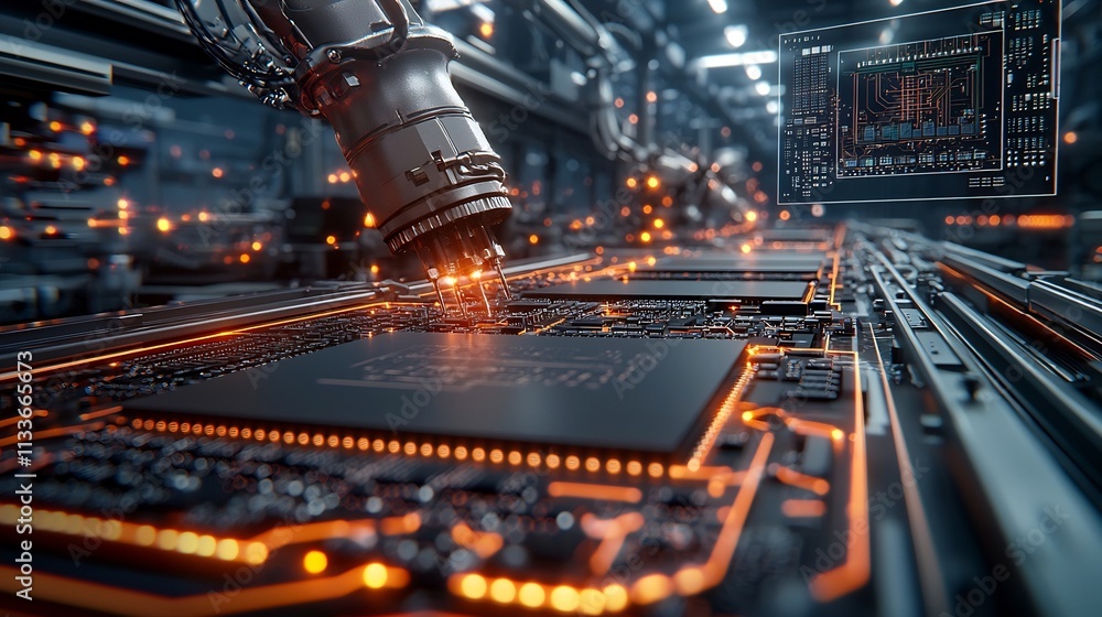 Poster precision chipset assembly line with virtual twin tracking and error monitoring high tech manufactur