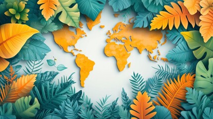 A Vibrant World Map Surrounded by Lush Tropical Leaves and Colorful Foliage for Nature and Travel Themes