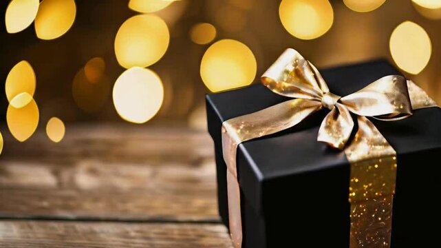 A black gift box with a gold ribbon, sitting in front of a warm, blurry background of lights