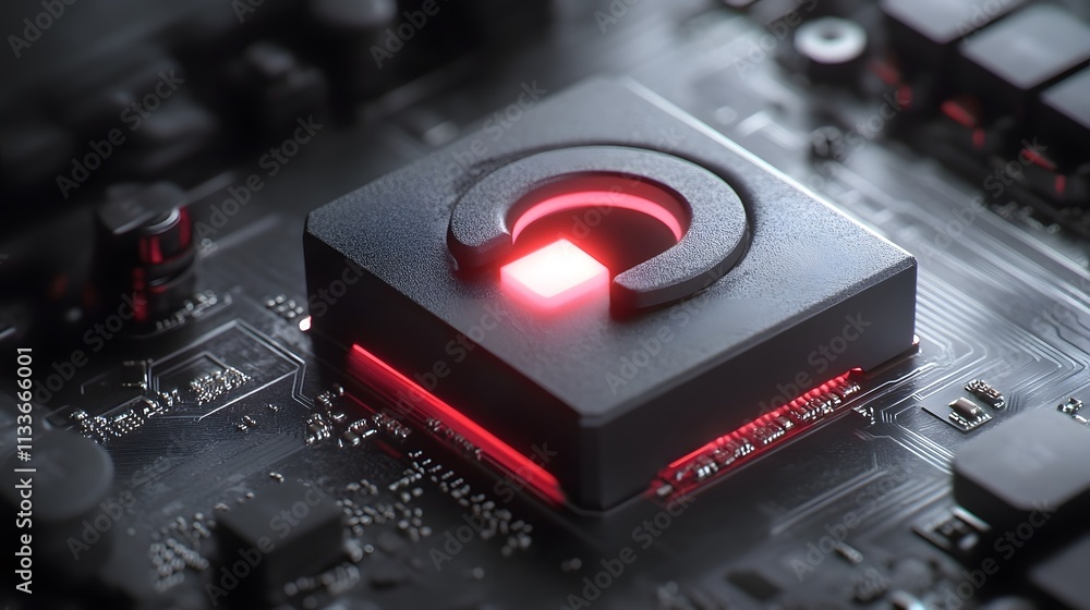 Poster close-up of a glowing red square component on a circuit board.