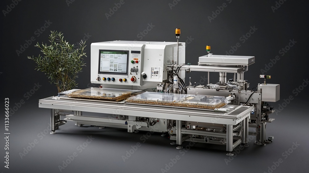 Poster photograph of advanced microchip packaging machinery with a virtual twin overlay displaying real tim