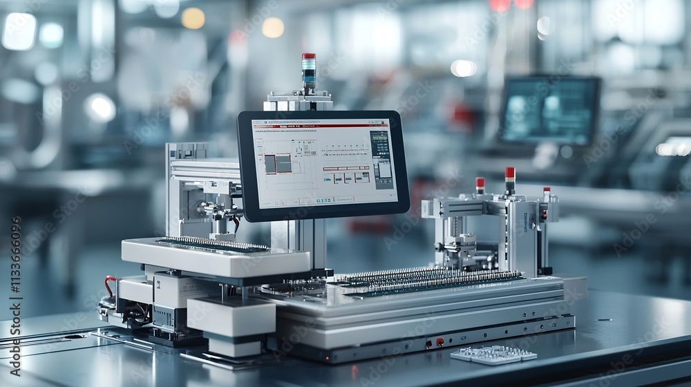 Poster photograph of advanced microchip packaging machinery with a virtual twin overlay displaying real tim