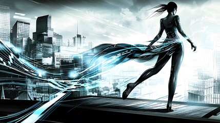 confident female entrepreneur standing on a rooftop, her image merged with dynamic stock market charts, symbolizing success, risk, and business strategy. [Women’s]:[entrepreneurship] 