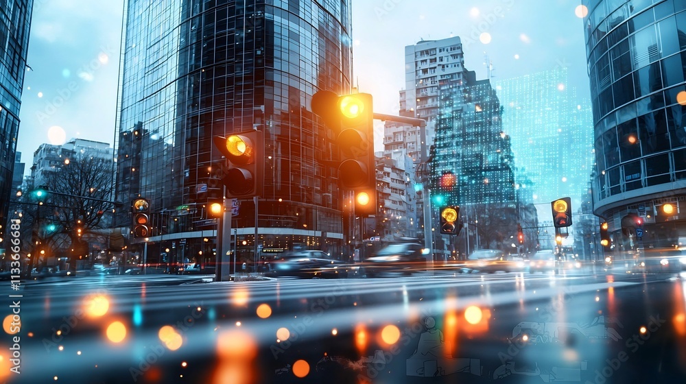 Poster a photograph of an urban intersection with smart traffic lights and a virtual twin overlay monitorin