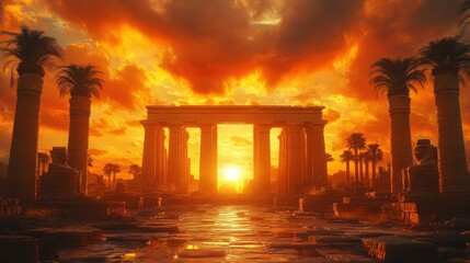 Naklejka premium Ancient ruins, sunset, pillars, palm trees.