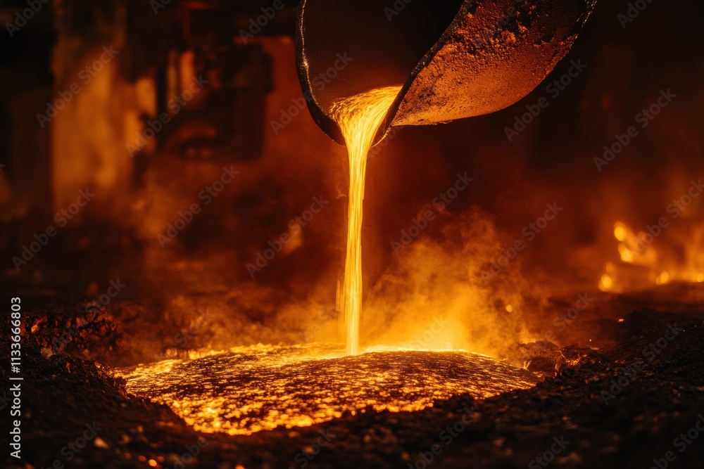 Poster molten metal flows from a channel into casting molds, creating sparks and flames in a bustling indus