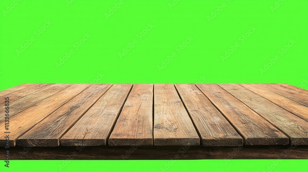 Poster wooden table top with empty space for product display on green background