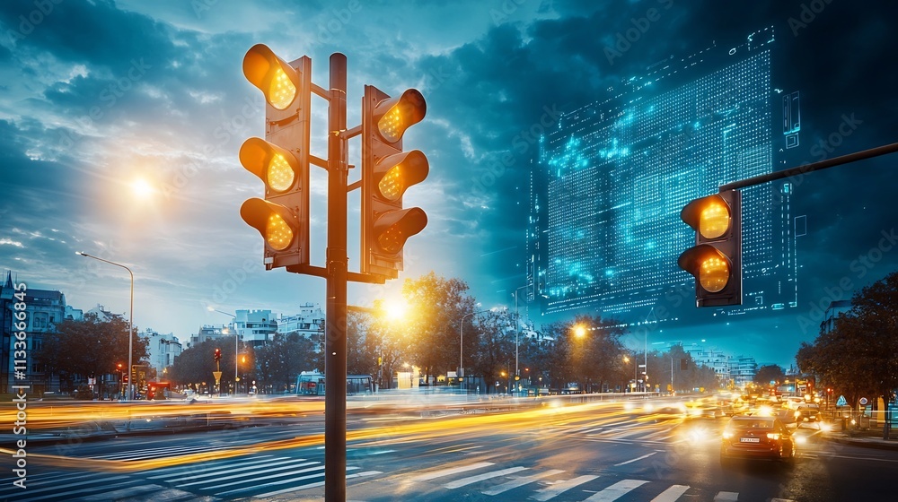 Poster a photograph of a futuristic urban intersection with smart traffic lights and a virtual twin overlay