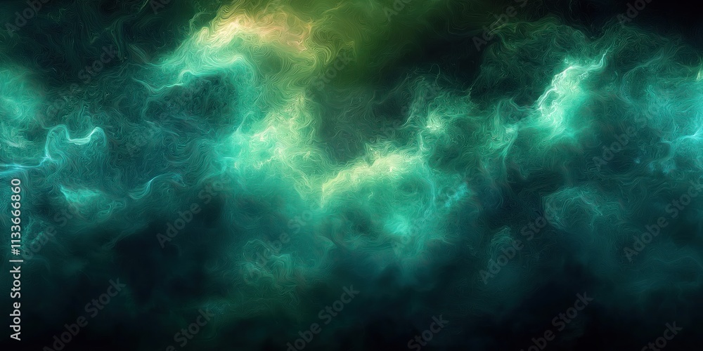 Poster abstract dark green, cyan background shows neon light effects. fluid dynamic patterns create etherea
