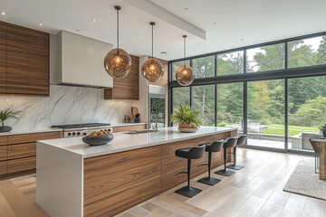 Photographie immobilière d'une cuisine moderne et fonctionnelle avec îlot spacieux et appareils haut de gamme