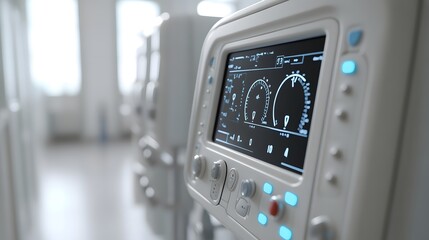 Close-up of a medical monitor displaying vital signs in a bright hospital room.