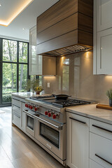 Photographie immobili&egrave;re d'une cuisine moderne et fonctionnelle avec &icirc;lot spacieux et appareils haut de gamme