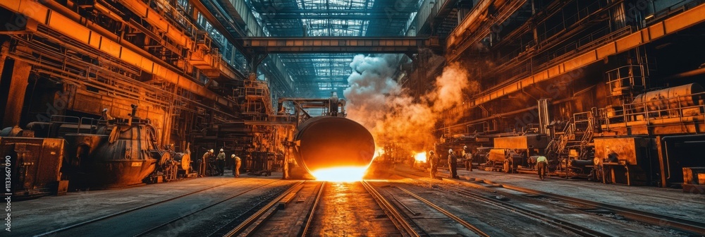 Poster Metal is being poured into casting molds in a large industrial hall, with flames and sparks illuminating the workspace and surrounding area. Generative AI