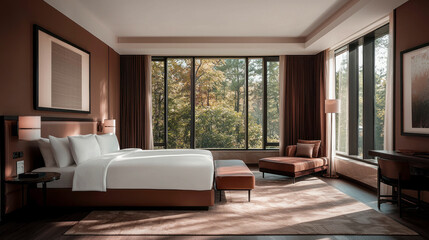 This tranquil bedroom invites relaxation with its mocha mousse hues and large windows showcasing lush greenery. Soft furnishings create a cozy atmosphere, perfect for unwinding, Mocha Mousse