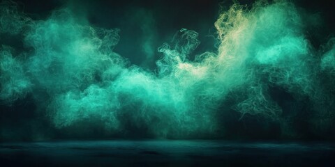 Obraz premium Abstract dark green, cyan background with neon light. Smoke-like shapes with bright neon glow. Dark atmosphere. Futuristic design. Vivid colors. Perfect for tech, gaming, abstract art projects.