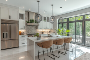 Photographie immobili&egrave;re d'une cuisine moderne et fonctionnelle avec &icirc;lot spacieux et appareils haut de gamme