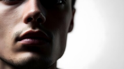 Obraz premium Close-up of a young man's face, half-shadowed, showing lips, nose, and jawline.