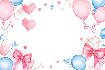 Pink & Blue Balloons, Hearts, and Gifts: Celebration Watercolor Frame.