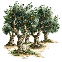 Watercolor painting of a grove of ancient olive trees laden with olives.