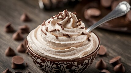 Bowl of whipped cream with chocolate sprinkles and chips on wooden surface