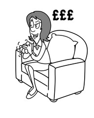 woman sitting on the a sofa and money show in the back, vector illustration