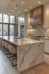 Photographie immobili&egrave;re d'une cuisine moderne et fonctionnelle avec &icirc;lot spacieux et appareils haut de gamme