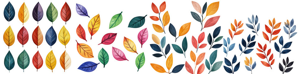 Obraz premium Colorful leaf patterns in various shapes and sizes create vibrant design, isolated on transparent background.