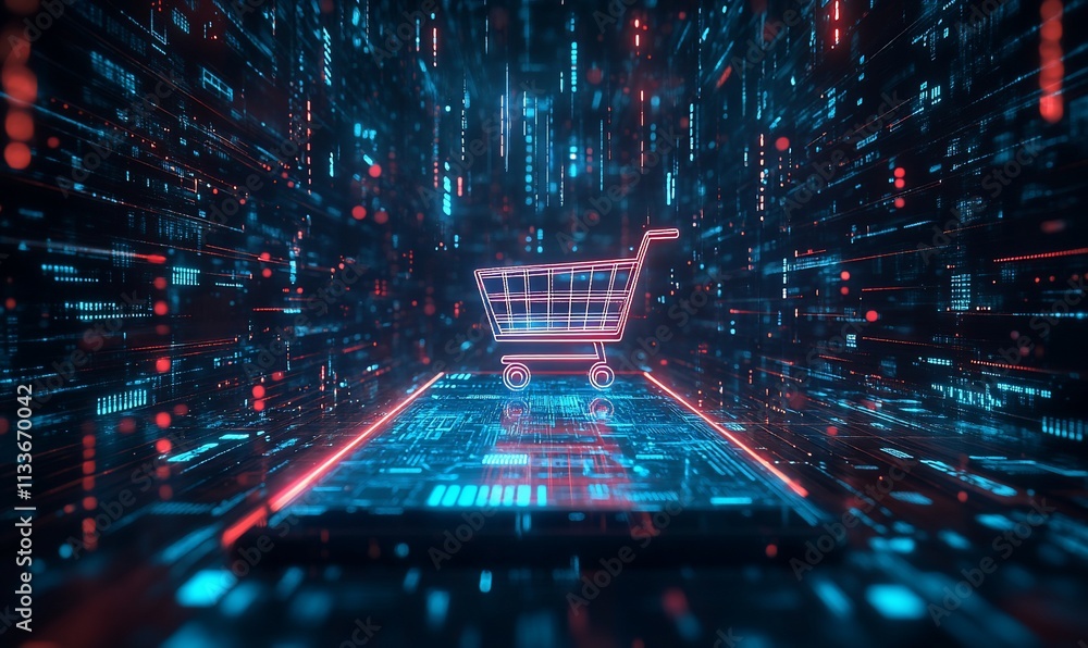 Poster a digital shopping cart surrounded by vibrant data streams.