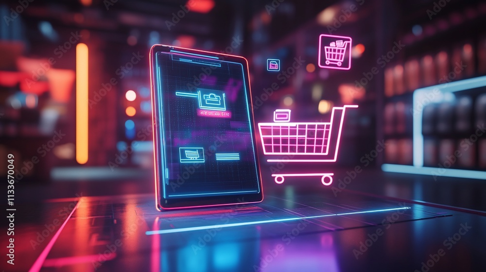 Poster a digital tablet displaying shopping cart icons in a neon-lit environment.