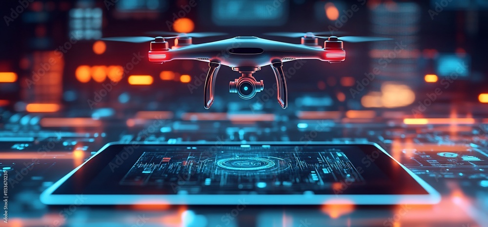Poster a drone hovers above a tablet displaying digital data and technology graphics.