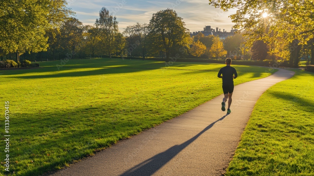 Poster a solitary runner navigates a winding path in a lush green park as the sun sets, creating a serene a