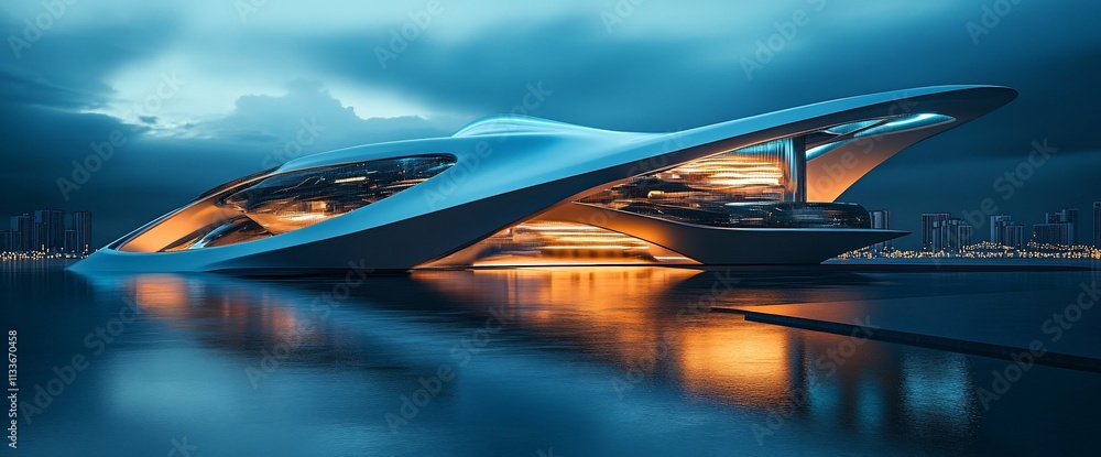 Poster a futuristic architectural design featuring sleek lines and glowing elements.