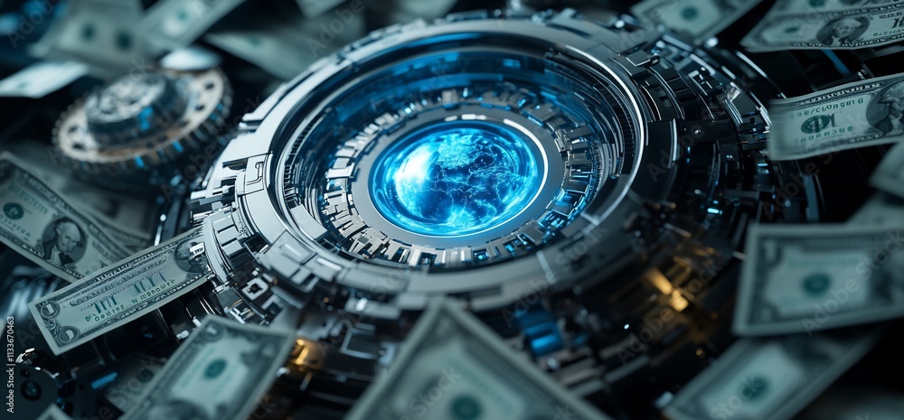 Poster a futuristic design featuring a globe surrounded by money and technology.