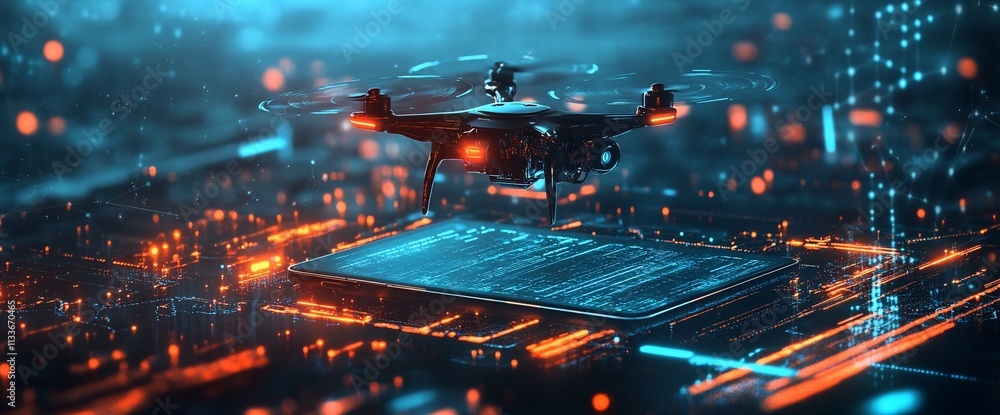 Poster A futuristic drone hovering above a circuit board with glowing elements.