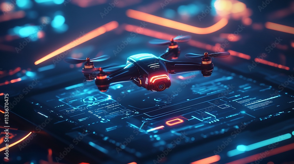 Poster a futuristic drone hovering above a digital interface with neon accents.