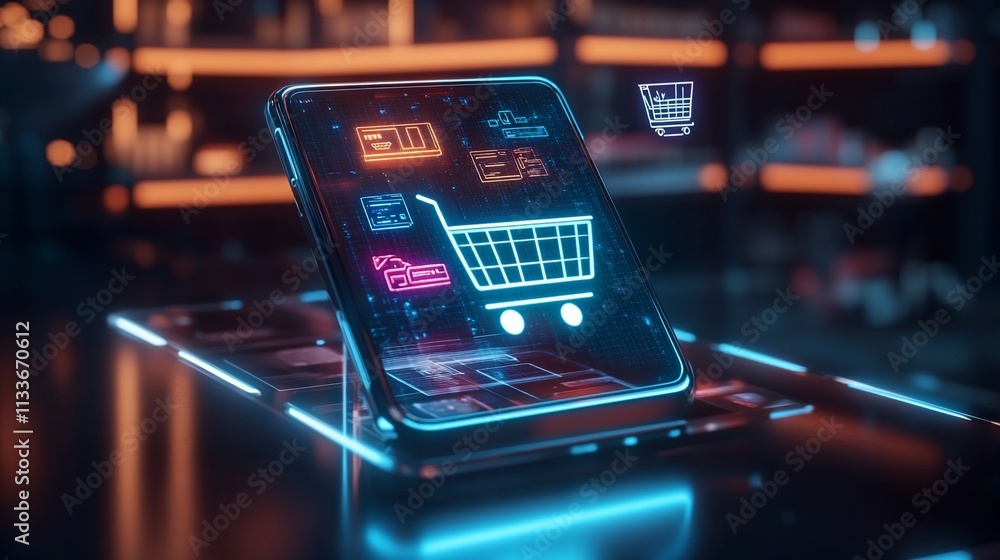 Poster A futuristic smartphone displaying a digital shopping cart interface.