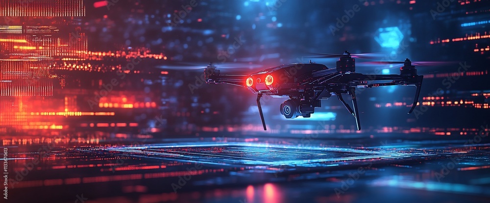 Aufkleber A futuristic drone hovering in a digital environment with glowing data elements.