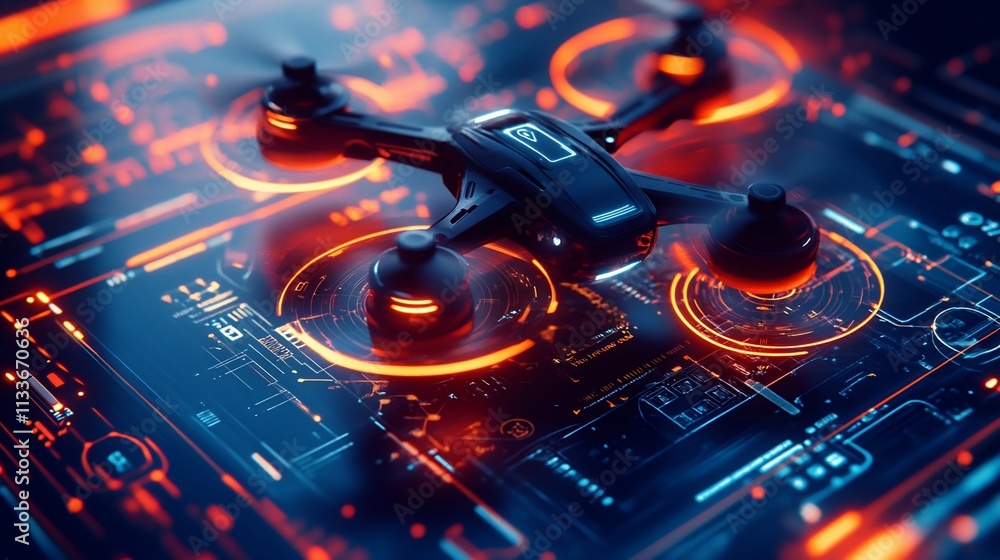 Poster A futuristic drone hovering over a digital interface with glowing elements.