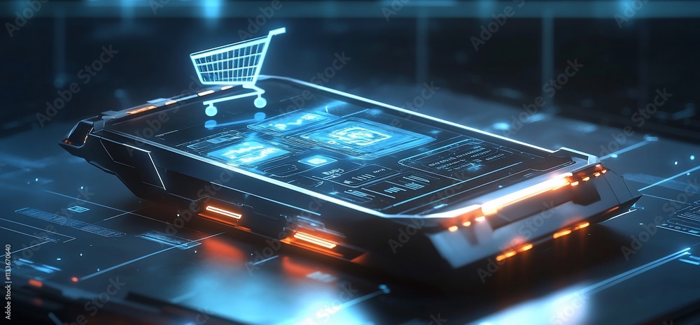 Aufkleber A futuristic smartphone displaying a shopping cart icon on a digital interface.