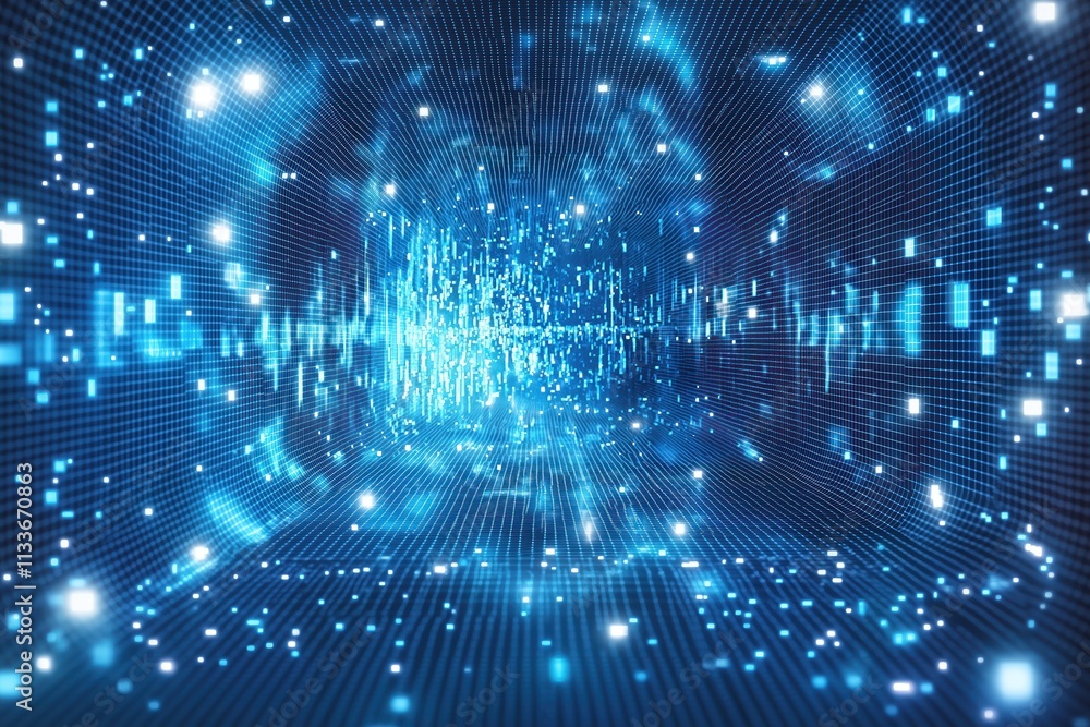 Poster abstract blue pixelated grid design. digital data stream concept. futuristic tech background. dynami